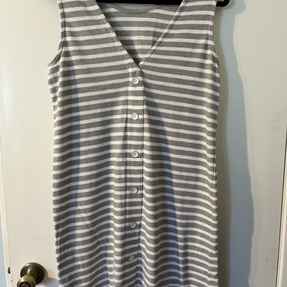 Nordstrom Caslon Grey/White Stripped Ribbed Button Back Tank Dress